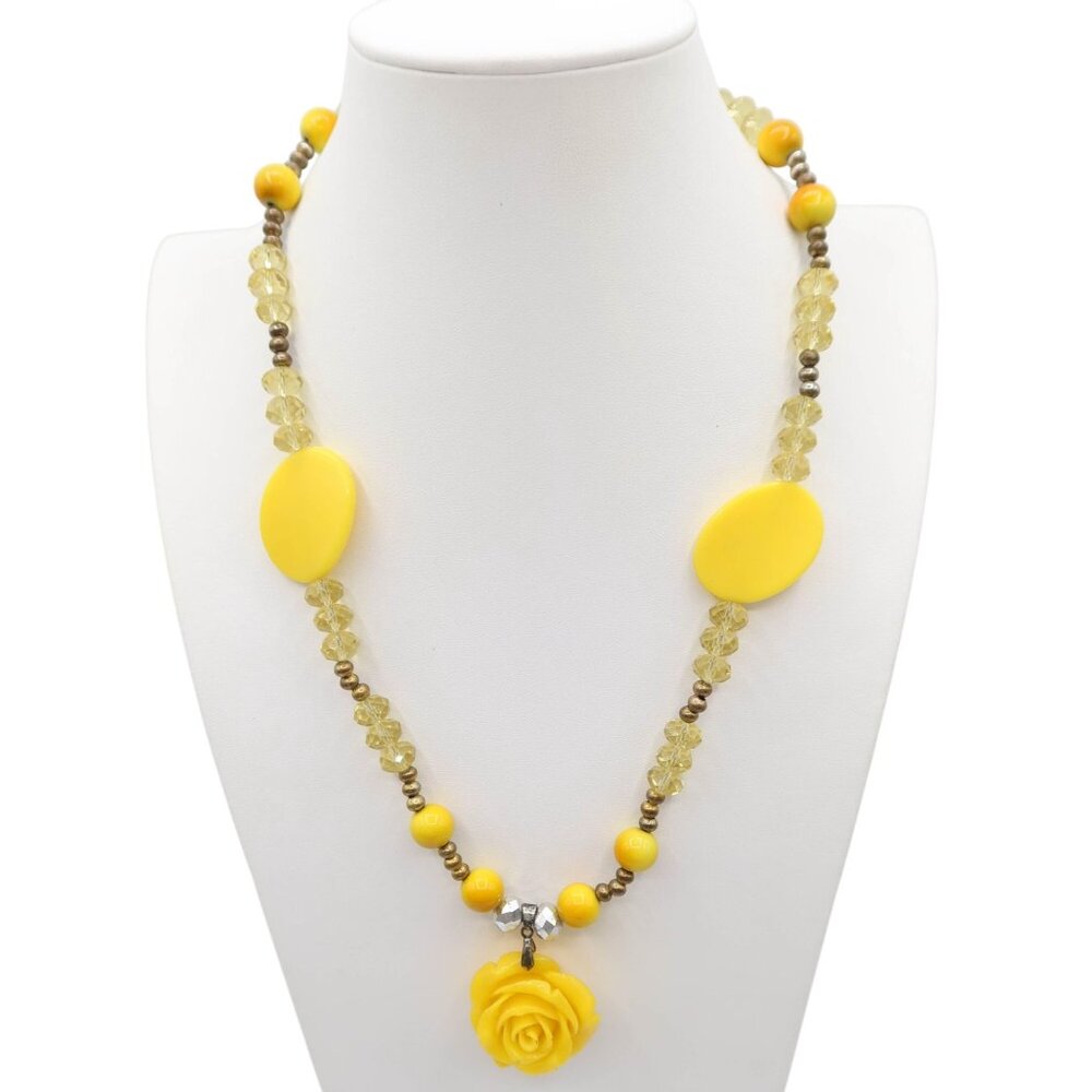 Yellow Rose Pendant Beaded Toggle Necklace Cottagecore Boho HIppie